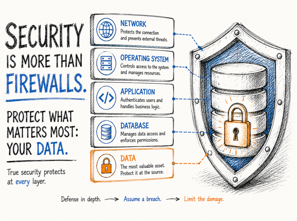 Shield representing the layers of security. Text includes Security is more than firewalls. Protect what matters most, your data.